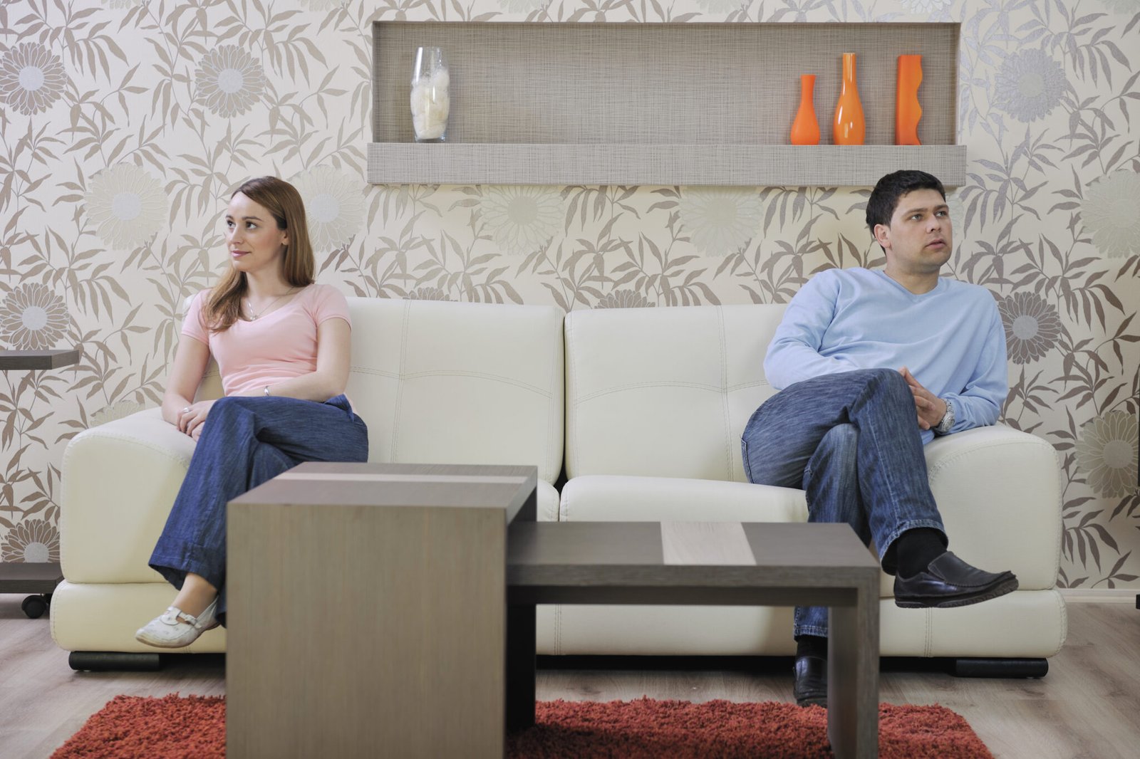 happy young couple relax at home in modern and bright living room