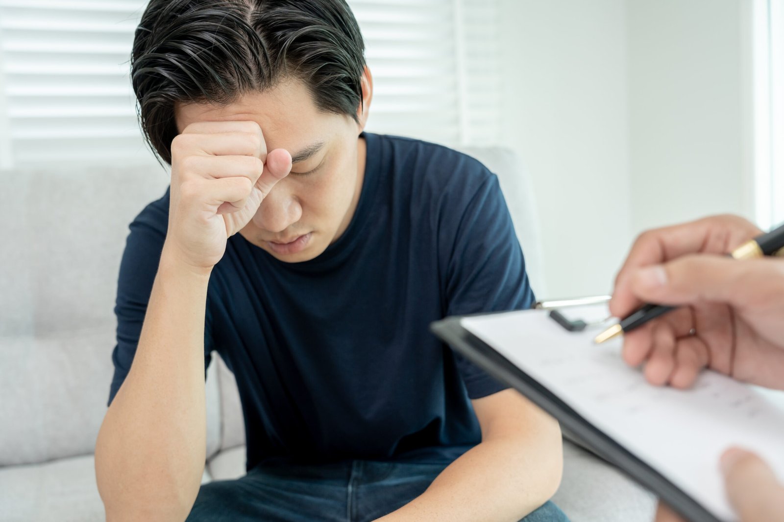 man with mental health problems is consulting. psychiatrist is recording the patient's condition for treatment. encouragement, love and family problem, bipolar , depression patient, protect suicide